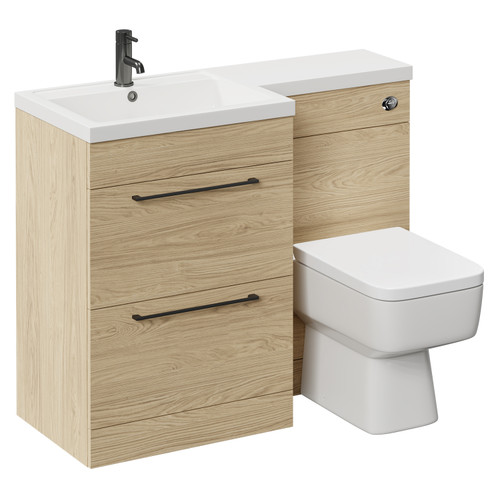 Napoli Combination Light Oak 1100mm Vanity Unit Toilet Suite with Left Hand L Shaped 1 Tap Hole Basin and 2 Drawers with Gunmetal Grey Handles Left Hand View