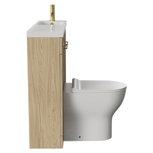 Napoli Combination Light Oak 1000mm Vanity Unit Toilet Suite with Slimline 1 Tap Hole Round Basin and 2 Doors with Brushed Brass Handles Side View