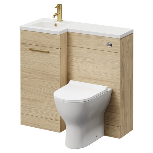 Napoli Combination Light Oak 900mm Vanity Unit Toilet Suite with Left Hand L Shaped 1 Tap Hole Round Basin and Single Door with Brushed Brass Handle Right Hand View