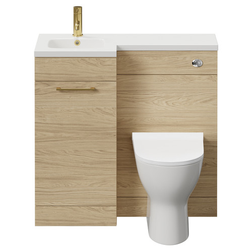 Napoli Combination Light Oak 900mm Vanity Unit Toilet Suite with Left Hand L Shaped 1 Tap Hole Round Basin and Single Door with Brushed Brass Handle Front View