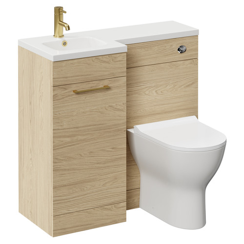 Napoli Combination Light Oak 900mm Vanity Unit Toilet Suite with Left Hand L Shaped 1 Tap Hole Round Basin and Single Door with Brushed Brass Handle Left Hand View