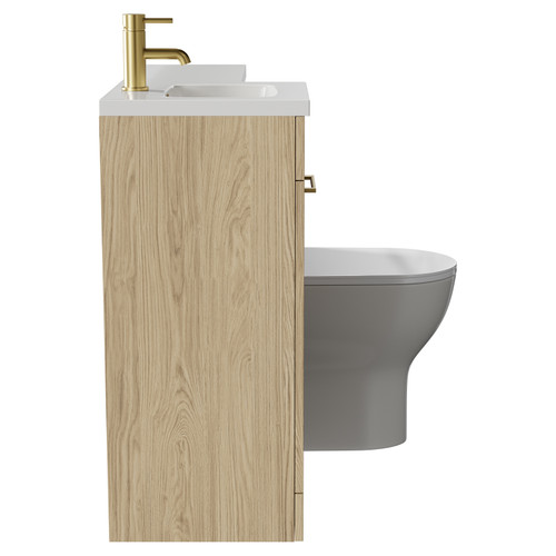 Napoli Combination Light Oak 900mm Vanity Unit Toilet Suite with Left Hand L Shaped 1 Tap Hole Round Basin and Single Door with Brushed Brass Handle Side View