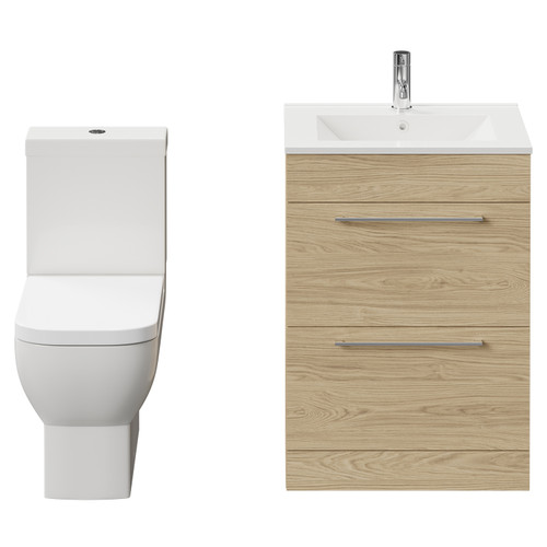 Napoli Light Oak 600mm Vanity Unit and Toilet Suite including Tacoma Close Coupled Toilet and Floor Standing Vanity Unit with 2 Drawers and Chrome Handles Front View