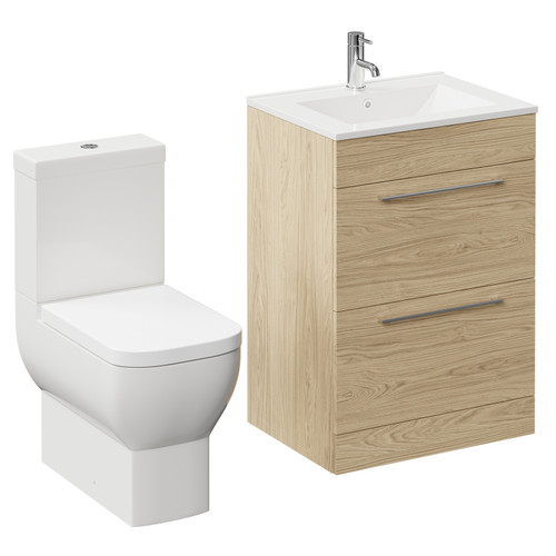 Napoli Light Oak 600mm Vanity Unit and Toilet Suite including Tacoma Close Coupled Toilet and Floor Standing Vanity Unit with 2 Drawers and Chrome Handles Left Hand View