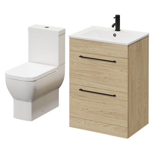 Napoli Light Oak 600mm Vanity Unit and Toilet Suite including Tacoma Close Coupled Toilet and Floor Standing Vanity Unit with 2 Drawers and Matt Black Handles Right Hand View