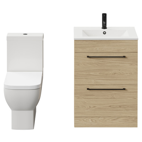 Napoli Light Oak 600mm Vanity Unit and Toilet Suite including Tacoma Close Coupled Toilet and Floor Standing Vanity Unit with 2 Drawers and Matt Black Handles Front View