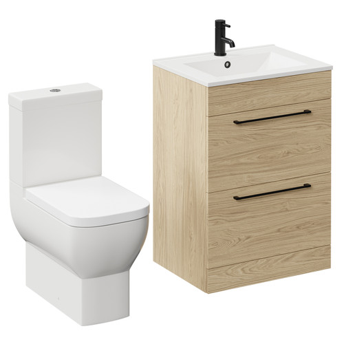 Napoli Light Oak 600mm Vanity Unit and Toilet Suite including Tacoma Close Coupled Toilet and Floor Standing Vanity Unit with 2 Drawers and Matt Black Handles Left Hand View