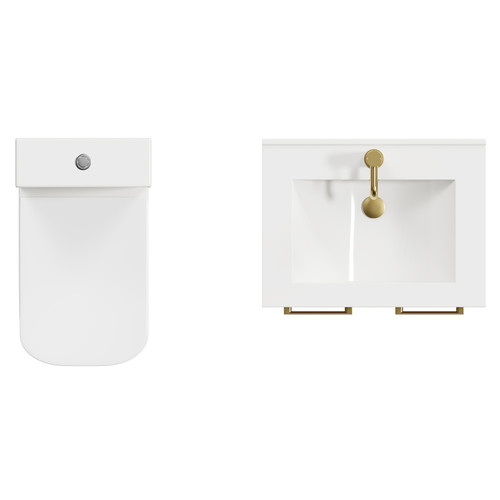 Napoli Light Oak 600mm Vanity Unit and Toilet Suite including Tacoma Comfort Height Toilet and Floor Standing Vanity Unit with 2 Doors and Brushed Brass Handles Top Down View