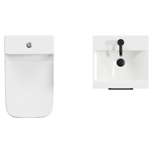 Napoli Light Oak 400mm Vanity Unit and Toilet Suite including Kingston Rimless Close Coupled Toilet and Floor Standing Vanity Unit with Single Door and Matt Black Handle Top Down View