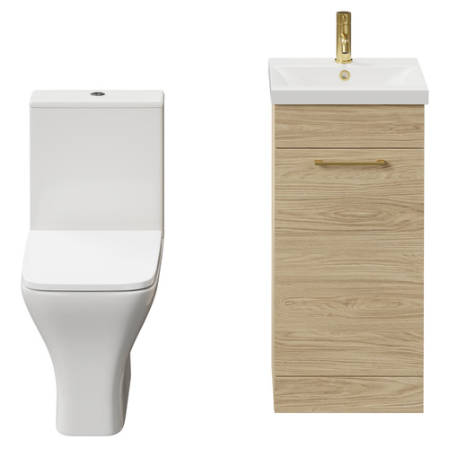 Napoli Light Oak 400mm Vanity Unit and Toilet Suite including Kingston Rimless Close Coupled Toilet and Floor Standing Vanity Unit with Single Door and Brushed Brass Handle Front View