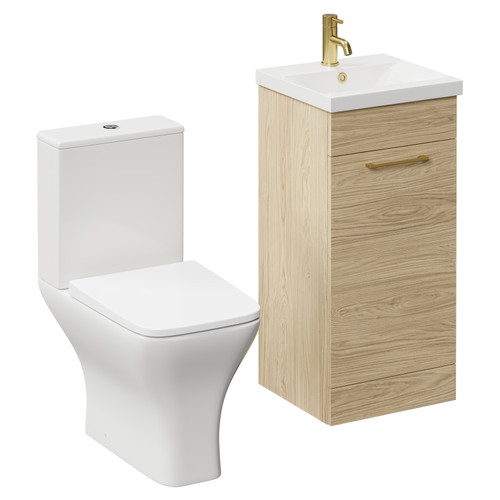 Napoli Light Oak 400mm Vanity Unit and Toilet Suite including Kingston Rimless Close Coupled Toilet and Floor Standing Vanity Unit with Single Door and Brushed Brass Handle Left Hand View
