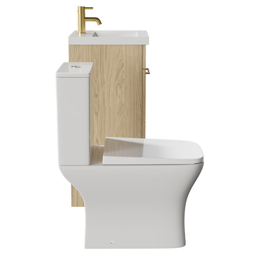 Napoli Light Oak 400mm Vanity Unit and Toilet Suite including Kingston Rimless Close Coupled Toilet and Floor Standing Vanity Unit with Single Door and Brushed Brass Handle Side View