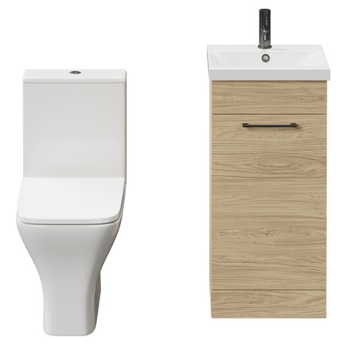 Napoli Light Oak 400mm Vanity Unit and Toilet Suite including Kingston Rimless Close Coupled Toilet and Floor Standing Vanity Unit with Single Door and Gunmetal Grey Handle Front View