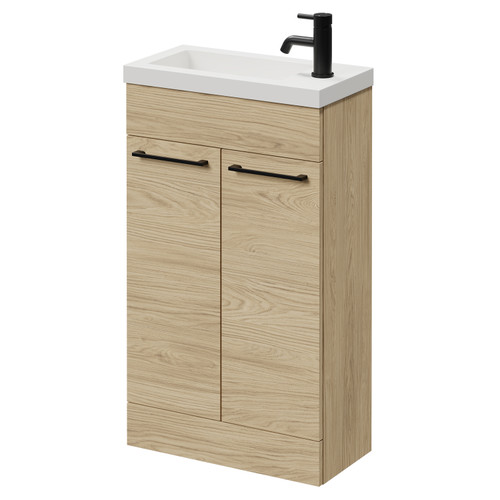 Napoli Light Oak 500mm Slimline Floor Standing 2 Door Vanity Unit with Basin and Matt Black Handles Right Hand View
