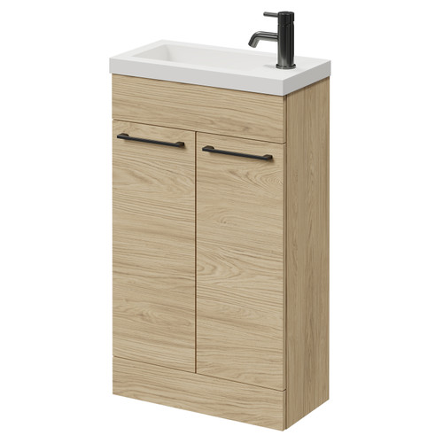 Napoli Light Oak 500mm Slimline Floor Standing 2 Door Vanity Unit with Basin and Gunmetal Grey Handles Right Hand View