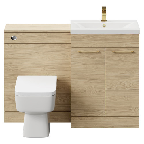 Napoli Cento 390 Light Oak 1200mm Wall Mounted Vanity Unit Toilet Suite with 1 Tap Hole Basin and 2 Drawers with Brushed Brass Handles Front View