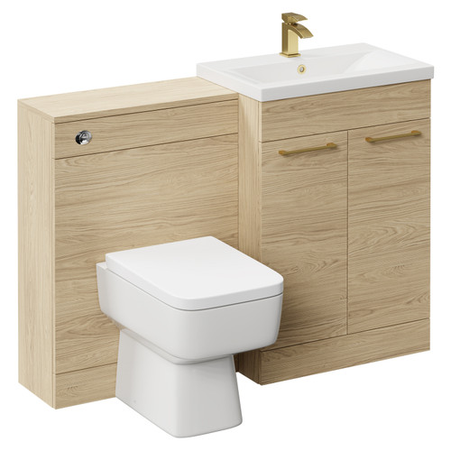 Napoli Cento 390 Light Oak 1200mm Wall Mounted Vanity Unit Toilet Suite with 1 Tap Hole Basin and 2 Drawers with Brushed Brass Handles Left Hand View
