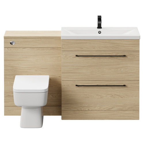 Napoli Cento 390 Light Oak 1400mm Vanity Unit Toilet Suite with 1 Tap Hole Basin and 2 Drawers with Matt Black Handles Front View