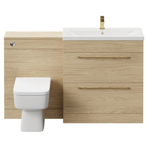 Napoli Cento 390 Light Oak 1400mm Vanity Unit Toilet Suite with 1 Tap Hole Basin and 2 Drawers with Brushed Brass Handles Front View