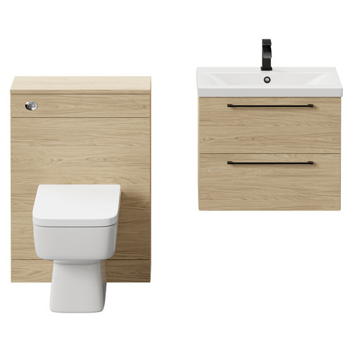 Napoli Cento 390 Light Oak 1200mm Vanity Unit Toilet Suite with 1 Tap Hole Basin and 2 Drawers with Matt Black Handles Front View