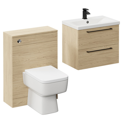 Napoli Cento 390 Light Oak 1200mm Vanity Unit Toilet Suite with 1 Tap Hole Basin and 2 Drawers with Matt Black Handles Left Hand View