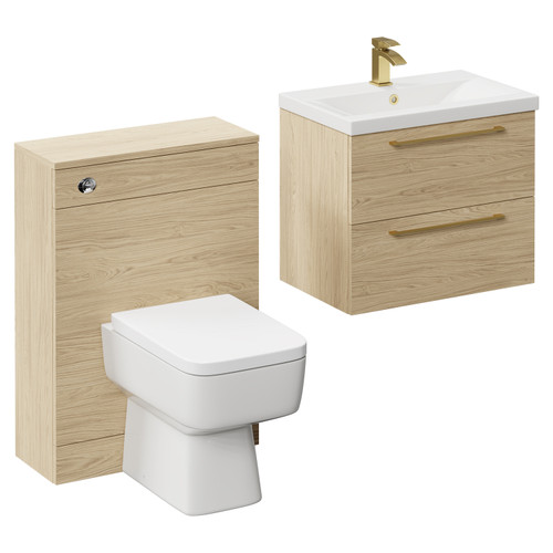 Napoli Cento 390 Light Oak 1200mm Vanity Unit Toilet Suite with 1 Tap Hole Basin and 2 Drawers with Brushed Brass Handles Left Hand View