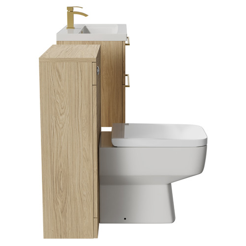 Napoli Cento 390 Light Oak 1400mm Wall Mounted Vanity Unit Toilet Suite with 1 Tap Hole Basin and 2 Drawers with Brushed Brass Handles Side View