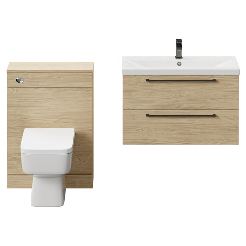 Napoli Cento 390 Light Oak 1400mm Wall Mounted Vanity Unit Toilet Suite with 1 Tap Hole Basin and 2 Drawers with Gunmetal Grey Handles Front View