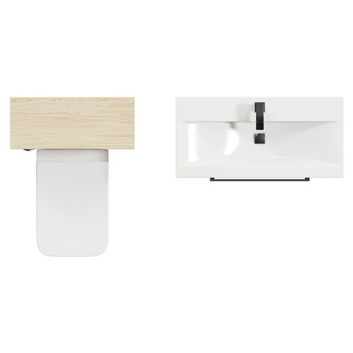 Napoli Cento 390 Light Oak 1400mm Wall Mounted Vanity Unit Toilet Suite with 1 Tap Hole Basin and 2 Drawers with Gunmetal Grey Handles Top Down View