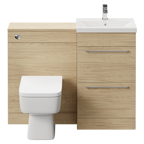 Napoli Cento Light Oak 1100mm Vanity Unit Toilet Suite with 1 Tap Hole Basin and 2 Drawers with Polished Chrome Handles Front View