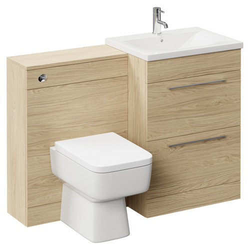 Napoli Cento Light Oak 1200mm Vanity Unit Toilet Suite with 1 Tap Hole Basin and 2 Drawers with Polished Chrome Handles Left Hand View