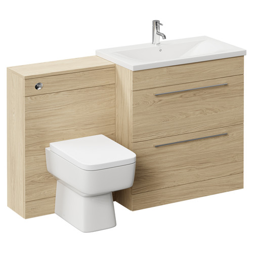Napoli Cento Light Oak 1400mm Vanity Unit Toilet Suite with 1 Tap Hole Basin and 2 Drawers with Polished Chrome Handles Left Hand View