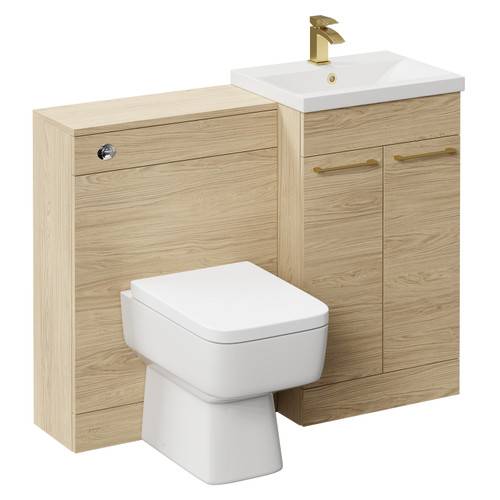 Napoli Cento Light Oak 1100mm Vanity Unit Toilet Suite with 1 Tap Hole Basin and 2 Doors with Brushed Brass Handles Left Hand View