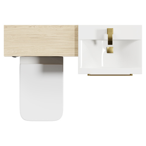Napoli Cento Light Oak 1100mm Vanity Unit Toilet Suite with 1 Tap Hole Basin and 2 Drawers with Brushed Brass Handles Top Down View