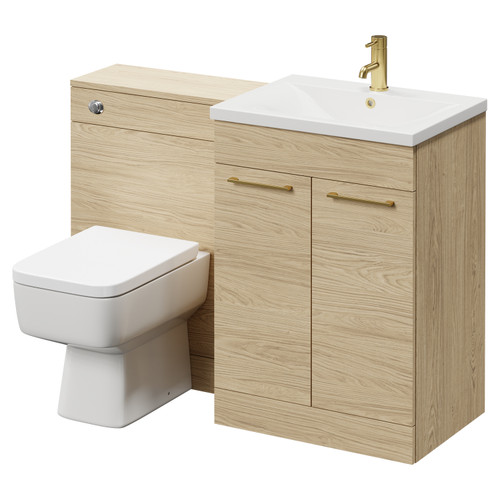 Napoli Cento Light Oak 1200mm Vanity Unit Toilet Suite with 1 Tap Hole Basin and 2 Doors with Brushed Brass Handles Right Hand View