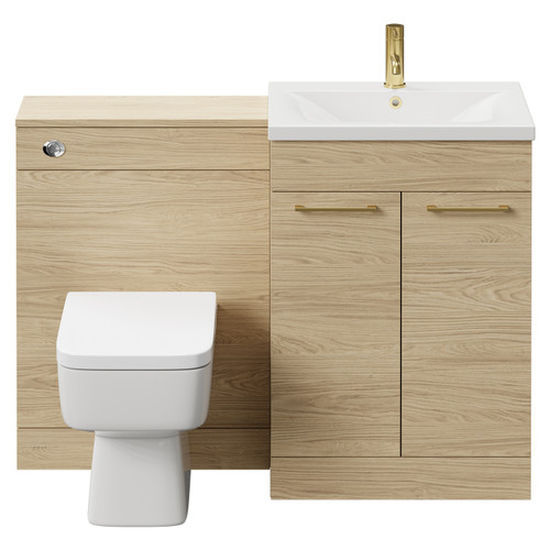 Napoli Cento Light Oak 1200mm Vanity Unit Toilet Suite with 1 Tap Hole Basin and 2 Doors with Brushed Brass Handles Front View
