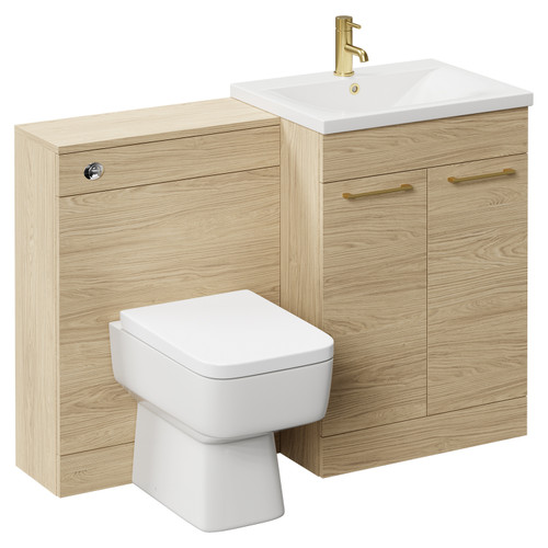 Napoli Cento Light Oak 1200mm Vanity Unit Toilet Suite with 1 Tap Hole Basin and 2 Doors with Brushed Brass Handles Left Hand View