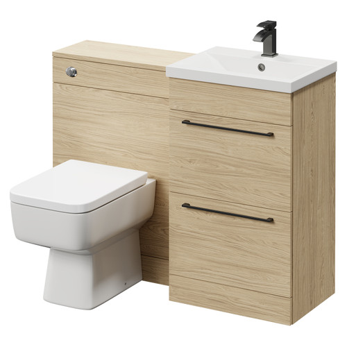 Napoli Cento Light Oak 1100mm Vanity Unit Toilet Suite with 1 Tap Hole Basin and 2 Drawers with Gunmetal Grey Handles Right Hand View