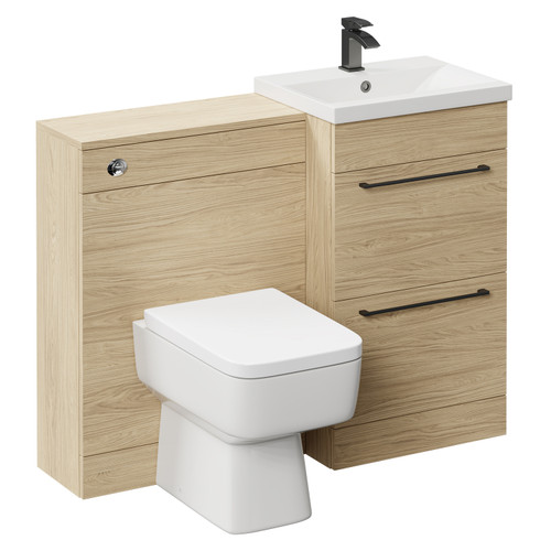 Napoli Cento Light Oak 1100mm Vanity Unit Toilet Suite with 1 Tap Hole Basin and 2 Drawers with Gunmetal Grey Handles Left Hand View