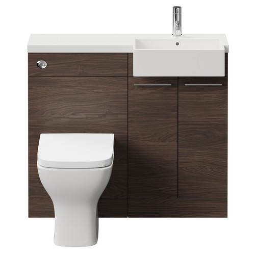 Napoli Combination Brown Oak 1000mm Vanity Unit Toilet Suite with Right Hand Square Semi Recessed 1 Tap Hole Basin and 2 Doors with Polished Chrome Handles Front View