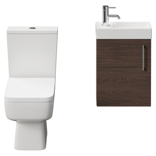 Napoli Compact Brown Oak 400mm Cloakroom Vanity Unit and Toilet Suite including Paulo Toilet and Wall Mounted Vanity Unit with Single Door and Polished Chrome Handle Front View