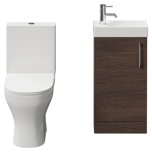 Napoli Compact Brown Oak 400mm Cloakroom Vanity Unit and Toilet Suite including Jubilee Open Back Toilet and Floor Standing Vanity Unit with Single Door and Polished Chrome Handle Front View