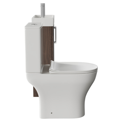 Napoli Compact Brown Oak 400mm Cloakroom Vanity Unit and Toilet Suite including Jubilee Open Back Toilet and Floor Standing Vanity Unit with Single Door and Polished Chrome Handle Side View