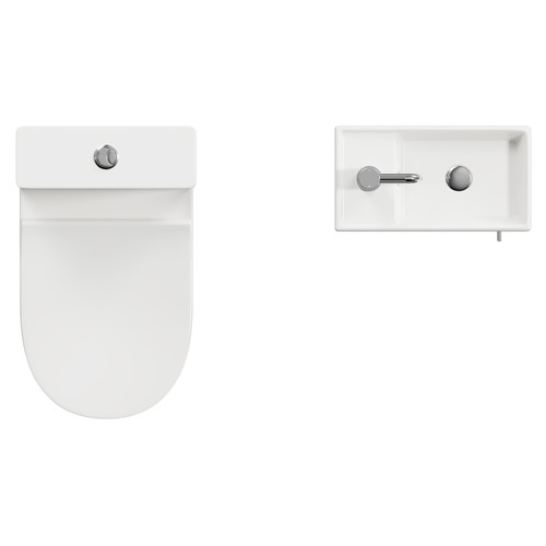 Napoli Compact Brown Oak 400mm Cloakroom Vanity Unit and Toilet Suite including Jubilee Open Back Toilet and Floor Standing Vanity Unit with Single Door and Polished Chrome Handle Top View