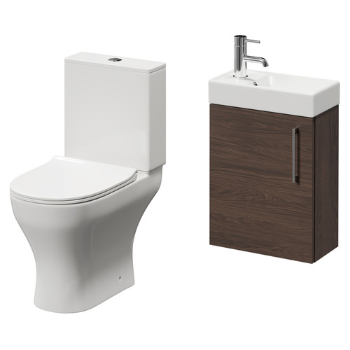 Napoli Compact Brown Oak 400mm Cloakroom Vanity Unit and Toilet Suite including Jubilee Open Back Toilet and Wall Mounted Vanity Unit with Single Door and Polished Chrome Handle Right Hand View