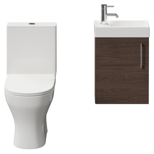 Napoli Compact Brown Oak 400mm Cloakroom Vanity Unit and Toilet Suite including Jubilee Open Back Toilet and Wall Mounted Vanity Unit with Single Door and Polished Chrome Handle Front View