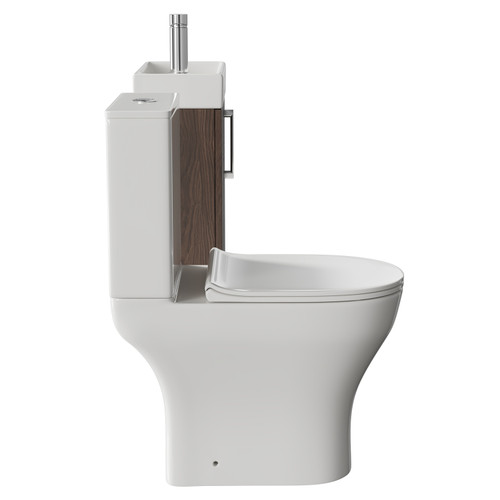 Napoli Compact Brown Oak 400mm Cloakroom Vanity Unit and Toilet Suite including Jubilee Open Back Toilet and Wall Mounted Vanity Unit with Single Door and Polished Chrome Handle Side View