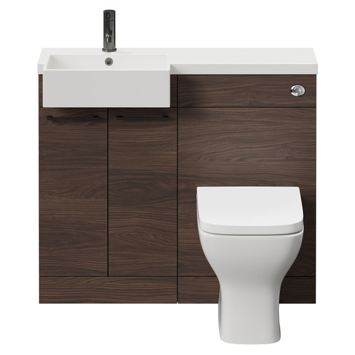 Napoli Combination Brown Oak 1000mm Vanity Unit Toilet Suite with Left Hand Square Semi Recessed 1 Tap Hole Basin and 2 Doors with Gunmetal Grey Handles Front View