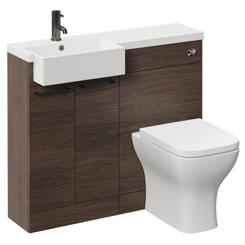 Napoli Combination Brown Oak 1000mm Vanity Unit Toilet Suite with Left Hand Square Semi Recessed 1 Tap Hole Basin and 2 Doors with Gunmetal Grey Handles Left Hand View