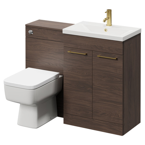 Napoli 390 Brown Oak 1100mm Vanity Unit Toilet Suite with 1 Tap Hole Basin and 2 Doors with Brushed Brass Handles Right Hand View